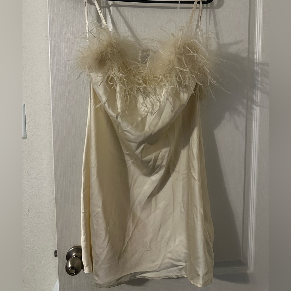 Forever 21 Off White Feather-Trim Mini Dress- Perf for Bachelorette/Bridal